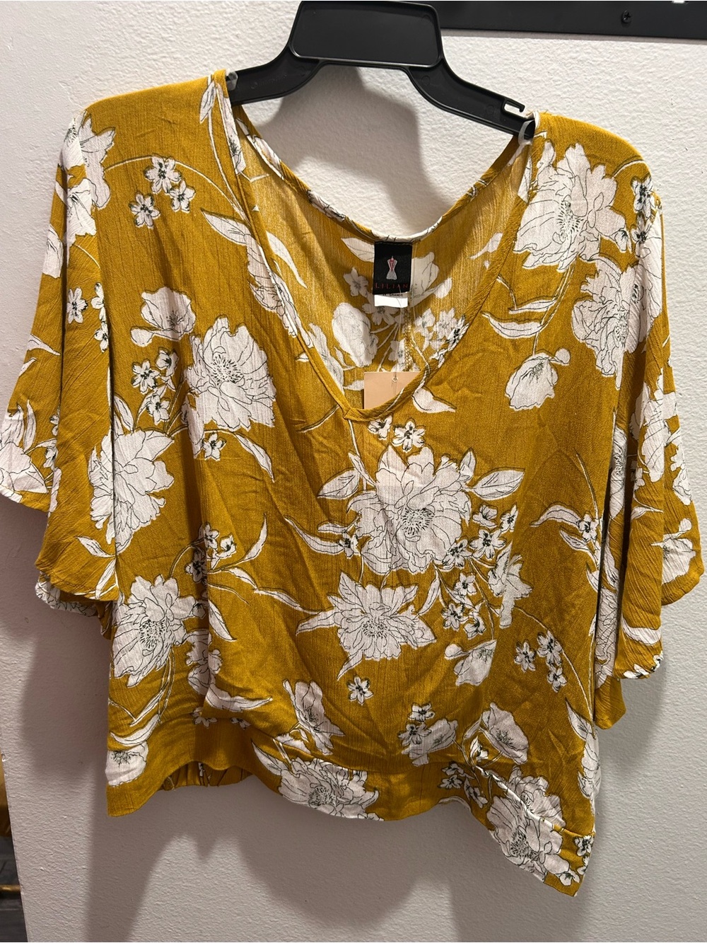 Liliana Mustard Floral V-Neck Flutter Sleeve Tunic